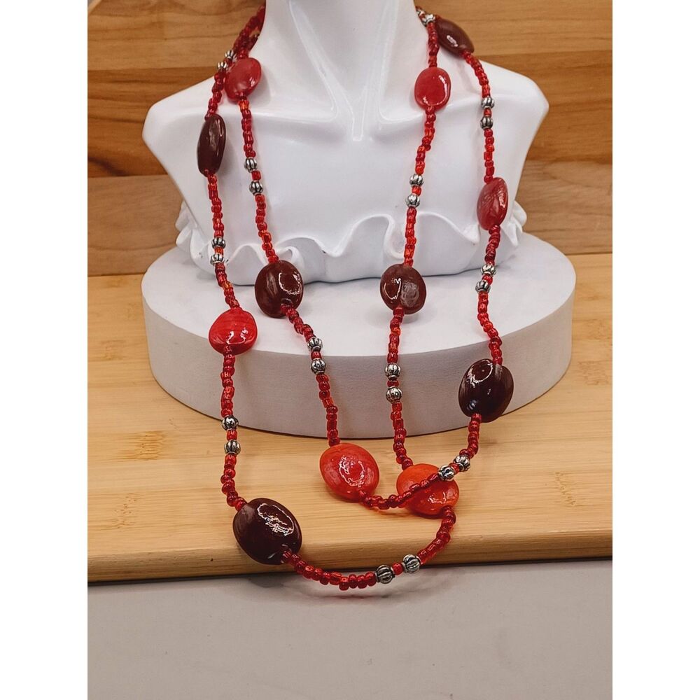 VTG Red and Blood Red Faceted Glass Bead Stations on Seed Bead Strand Necklace